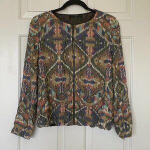 Zara Beaded Trophy Jacket with Multicolored Batik Fabric and Front Zip - Size M